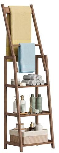 HOOBRO 3 Tier Ladder Shelf, Blanket Ladder, Bookcase Storage Rack Organizer, Bamboo Storage Shelf, Freestanding Shelving Unit, Farmhouse Ladder Rack for Living Room and Bedroom, Mocha MA123CJ01