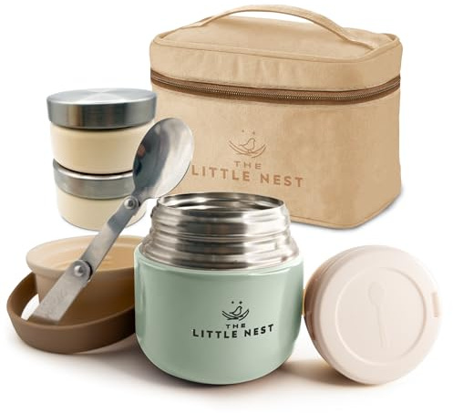 THE LITTLE NEST -Set Termo Comida Bebé 300ml de Acero Inoxidable, 2 Contenedores y Estuche Térmico, Cierre Hermético, Aislamiento de Doble Pared, Mantiene Caliente y Frío, Sin BPA (Color Matcha Green)