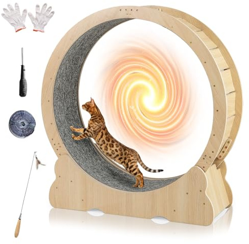 COSTWAY Ruota per Esercizio per Gatti da Interno 101 cm, Tapis Roulant per Gatti con Meccanismo di Blocco, Corsa con Moquette Rimovibile, Ruota di Allenamento in Legno a Rumore Ultra Basso