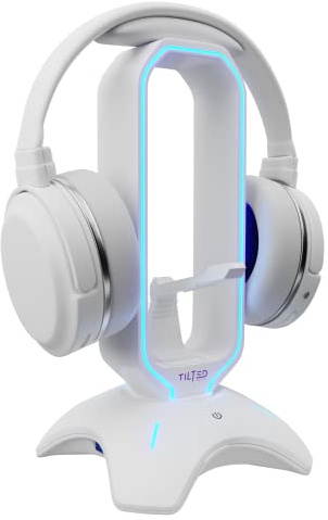 Tilted Nation Gaming Headphone Stand | RGB Headset Stand White | Headset Holder for Desk with Mouse Bungee and USB Hub | The Ultimate Gaming Accessories for Gamers for PS5, Xbox, PC - White