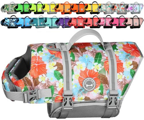 VIVAGLORY Rip Stop Dog Life Vest, Swimming Vest with Handle, Buoyancy for Doggy Puppy, Dog Life Jacket for Swimming & Boating, L, Floral Orange