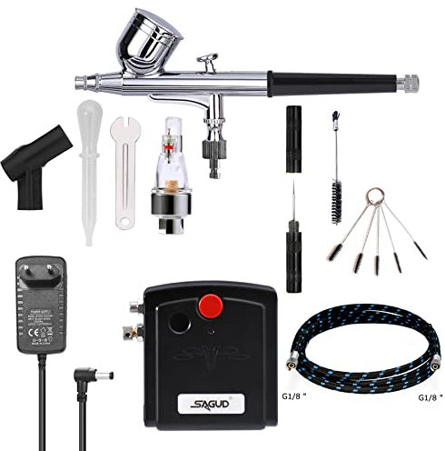 Sagud Mini Airbrush Kit mit tragbarem Airbrush Kompressor Schwerkraft gespeist mit doppeltwirkender Airbrush für Kuchendekoration, Hobby, Basteln,Nägel, Make-up mit Airbrush Reinigungskit