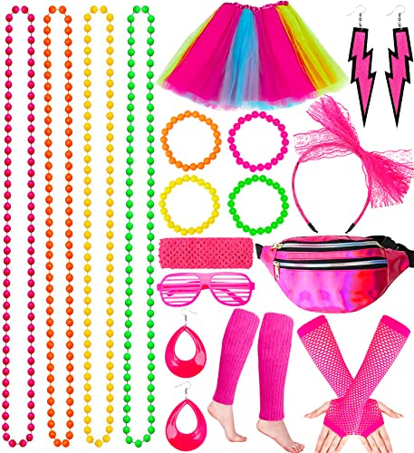 Tonsooze 80-tals damkläder, set med 21 st, kostymtillbehör 80-tal, nätgarnkjol, näthandskar, magväska, pannband, halsband, armband, örhängen, neon 80-års outfit fest flicka barn
