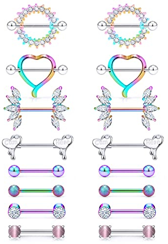 Msndnkwo Nipple Rings For Women Nipple Piercing Jewelry 14G Surgical Steel Cubic Zircon 14Mm Silver/Pink/Purple/Rose Gold 8 Pairs Barbell Body Piercing Jewelry