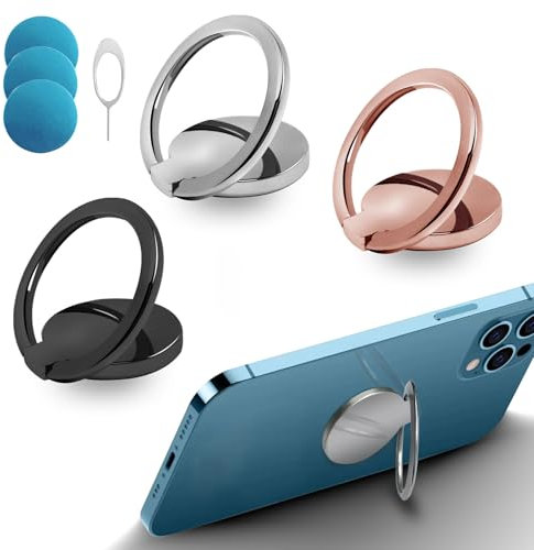 3 Piezas Anillo Movil Universal, con 3 Piezas de Hierro+1 Pasador de Tarjeta Rotación de 360° Anillo Soporte para Movil para Todos los Smartphones (Negro+Plata+Oro Rosa)