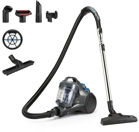 Amazon Basics Cylinder Vacuum Cleaner Bagless 1.3L Compact Lightweight with Triple-Action Nozzle, HEPA Filter, 850W, for Carpet and Hard Floor, Grey