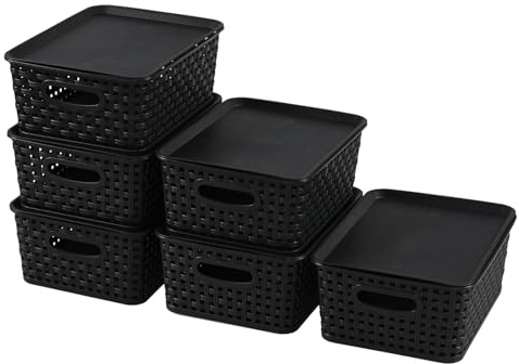 Aninhao Plastic Storage Basket with Lid, Kitchen Cupboard Organiser Baskets, Black, 6-Pack