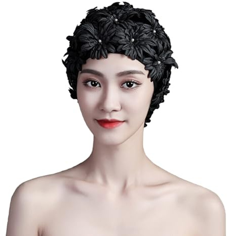 Bonnet de bain rétro à pétales floraux pour femme - Bonnet de bain pour fille - Cheveux longs et courts - Élastique - Noir