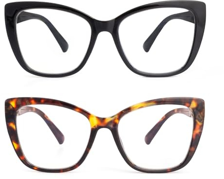 SKYWAY 2 Pack Occhiali da Lettura per Donna, Occhiali da Computer Oversize alla Moda con Blocco Luce Blu, Montatura Quadrata a Occhio di Gatto con Cerniera a Molla, Nero+Tartaruga 2.0