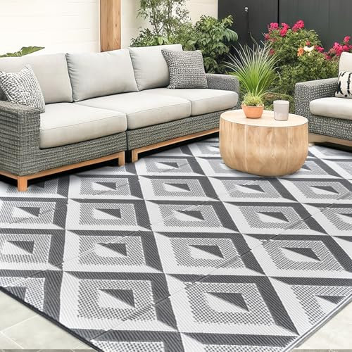 CHOSHOME Outdoor Teppich Wetterfest 150x240cm Wasserdicht Reversible UV-beständig, Kunststoff Garten Teppich für Terrasse Balkon Camping, Langlebig & Leichte Faltbare Matte Grau für Hof RV Garten