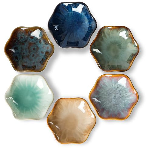 NUTRIUPS 55ml Keramik Dipschalen Set 6er Pack 10cm Snack Schalen Kleine Schüsseln Saucenschalen für Sushi, Snack (Flower-Set of 6)