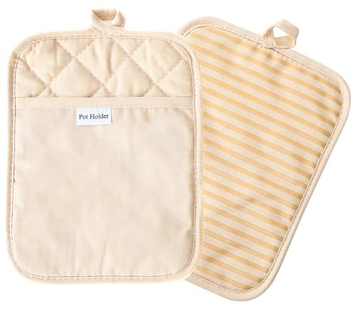 100% Cotton with Silicone Kitchen Everyday Basic Pot Holder Heat Resistant Coaster Potholder Oven Mitts with Pocket for Cooking and Baking Beige