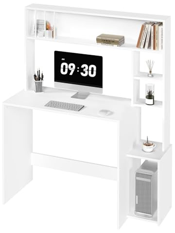 eSituro Tavolo per Computer con Libreria, Scrivania con 5 Ripiani, Scrivania per Bambini, Camera da Letto, Ufficio, Bianco, 113,5x45x139 cm