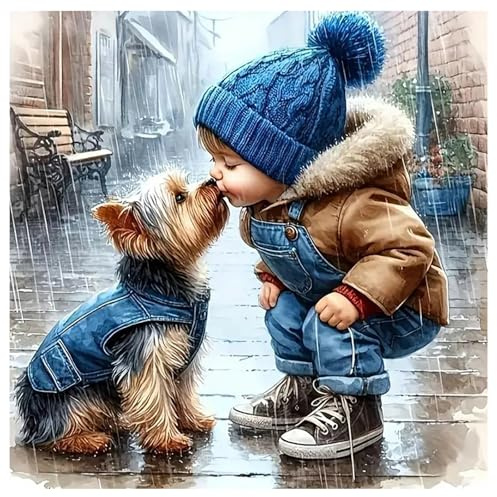 SHEGZHUC Peinture diamant Chien Yorkshire Baiser 30 x 30 cm Peinture diamant chien maltais Diamond Painting Animaux Pluie Mosaïque Diamant Peinture Art Broderie Point de Croix Images Cadeau Décoration