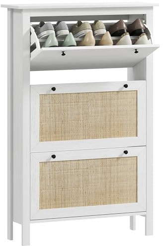 HOMCOM Meuble Chaussure entrée, Armoire à Chaussures avec 3 tiroirs à Portes abattants Effet cannage rotin et étagère réglable, Meuble d'entrée et Couloir 18 Paires - 80 x 23,5 x 121,5 cm Blanc