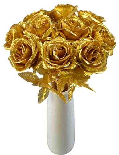 PLUSHCEWT Lot de 10 roses artificielles en soie - 50 cm de long - Bouquet de roses réalistes pour mariage, maison, fête, événement, cadeau, décoration de table (doré)
