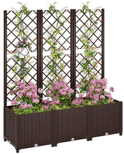 Outsunny Jardinera con Enrejado de PP Jardinera Exterior Grande con Ofricios de Drenaje Reservorios de Agua para Plantas Trepadoras Macetero con Soporte para Jardín Patio Terraza 120x40x135 cm Marrón