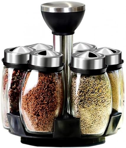 Especiero con 6 recipientes de vidrio para especias, carrusel de especias, estante giratorio para especias, soporte para especias para aceite de cocina, azúcar, especias, vidrio, acero inoxidable,