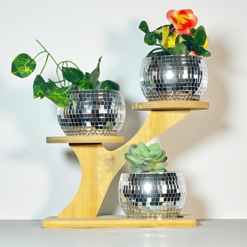 3pcs Disco Ball Planter with 3 Tier Bamboo Saucers Stand Holder,Silver Glass Mirror Plastic Disco Ball Vase Wood Plant Holder,Mini Cactus Succulent Flower Pot Disco Decor for Home Office Desk Garden
