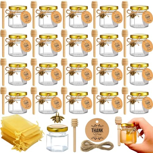 20Pcs 45ml Mini Vasetti per Miele Esagonali in Vetro con Coperchio, Mestolo in Legno, Ciondolo Forma Ape, Etichette in Kraft & Corda 10m, Barattoli Marmellata Piccoli per Baby Shower, Nozze Bomboniere