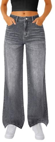 shownicer Jeans Femme Taille Haute Straight Jambes Larges Baggy Pantalon Boyfriend Jean A Gris M