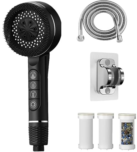 High Pressure Shower Head, 4 Spray Modes Shower Heads with 1.5M Shower Hose, Hard Water Filter Showerhead with ON/Off Switch, Handheld Massage Powerful Shower Head for Chlorine Remove, Black