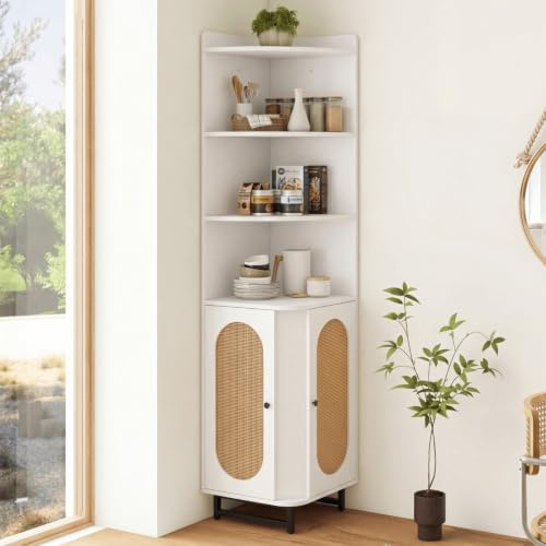 TANGZON Corner Cabinet, 172cm Tall Storage Cabinet with 2 PE Rattan Doors, 4 Open Shelves, Adjustable Shelf & Anti-Tipping Devices, Space Saving Wooden Sideboard Shelving Unit for Home Kitchen (White)