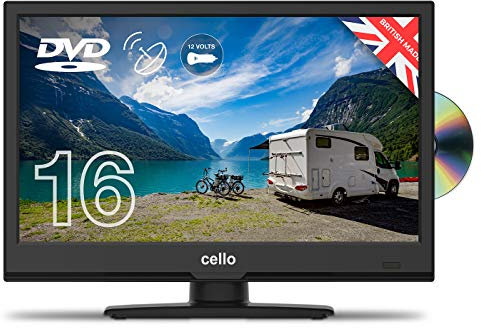 Cello 12 Volt ZF0261 12 Volt 16 inch Full HD LED Digital TV Built-in DVD Freeview HD and 12 volt Adaptor, Built in satellite receiver with HDMI and USB for recording from Live TV, Made In The UK