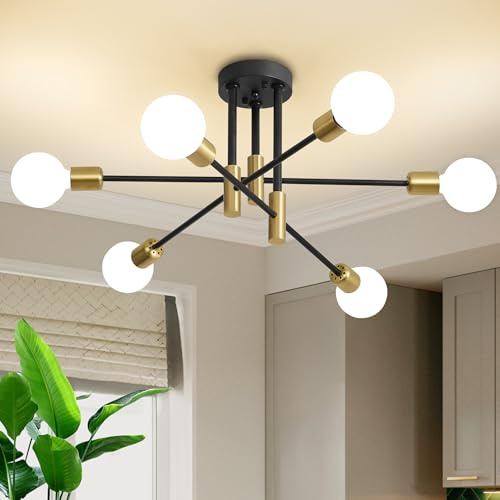 Biewalk Modern Chandelier Ceiling Light Fixture, 6-Light Sputnik Dining Chandeliers 31.18 Gold and Black Chandelier Over Table, Mid Century Lights Fixture for Dining Room Living Room Kitchen Island