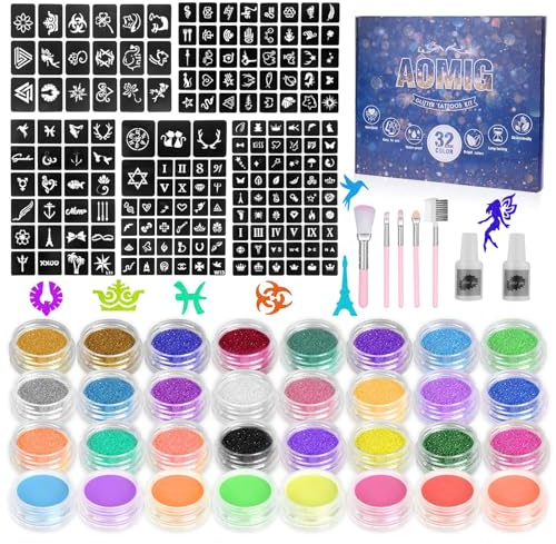 AOMIG Glittertatueringssats, barns tillfällig kroppsmakeup – 24 färger, 8 fluorescerande pulver, 172 stenciler, unik kroppsnagel, säker för barn och vuxna