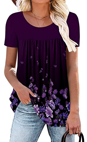 CHICZONE Damtunika toppar ledig Henley dam volangblus blommigt tryckt T-shirt, B Mörklila, 38/40 SE