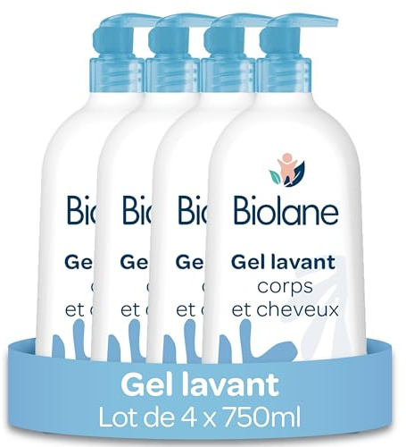 BIOLANE - Lot de 4 Gels Corps Et Cheveux 2 en 1 - Gel Lavant - 750ml - 97% Origine Naturelle - Doux - Peaux Sensibles - Cheveux Fins - Bébé - Fabriqué en France