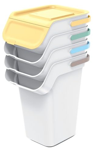 Keden Kaddi Q - Sistema de separación de basura, 4 x 25 l, juego con filtro de carbón activo, contenedor de separación de residuos con tapa, contenedor de reciclaje, cubo de basura de plástico (gris