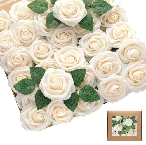 Mousse Rose Artificielles, 25pcs Fleurs Artificielles Roses avec Feuilles, Roses en Mousse avec Tiges, Vrac Avec Tige, Convient au Bouquet de Mariage DIY, Cadeau de Saint-Valentin, Blanc Champagne