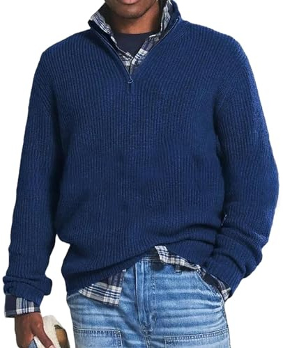 NAKEAH Suéter de cachemira casual de negocios para hombre con cremallera, suéter para hombre con cremallera holgada y cuello alto, suéter con cremallera 1/4 (X-Large, azul oscuro)