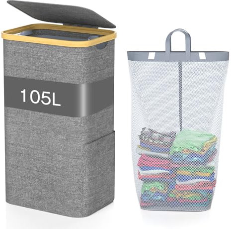 GLOWPOINT 105L Laundry Basket with Lid, Large Foldable Washing Basket with Removable Inner Bag, Water-resistant Oxford Laundry Hamper, Laundry Bin for Bedroom, Bathroom, Laundry Room,Grey