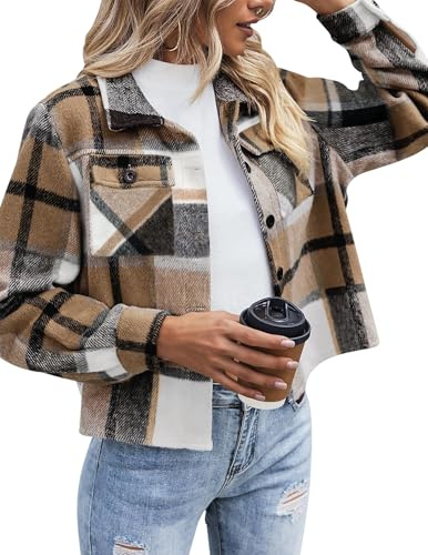 Zeagoo Veste en Flanelle à Carreaux pour Femme Veste Courte à Manches Longues Revers Shacket à Boutons