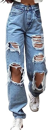 EWFAS Jeans Damen High Waist Schlaghose Damen Jeans mit Löchern Stretch Baggy Jeans Stretch Jeanshose Jeans Damen High Waist Ripped Jeans Distressed Mom Jeans Slim Denim Pants