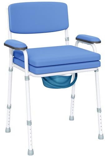 HOMCOM Chaise percée toilette, chaise de toilette antidérapante, chaise pot de chambre adulte 5 en 1 multifonctions, hauteur réglable, seau amovible - dossier, siège et accoudoirs rembourrés, bleu