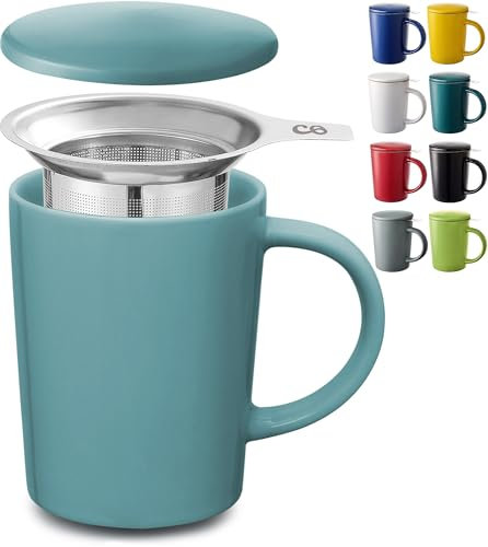 Cosumy Taza de Te con Filtro y Tapa 400ml - Ceramica Azul Aqua - Mantiene Caliente la Infusion - Apto para lavavajillas