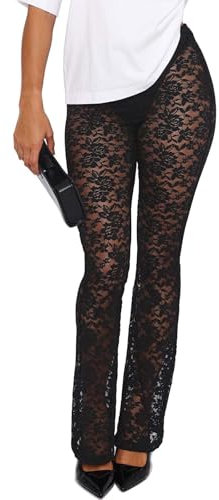 HAWILAND Spitzenhose Damen Sexy Mesh Schlaghose Rave Hose Bootcut Netzhose Festival Party Club Tanz Outfit Schwarz M