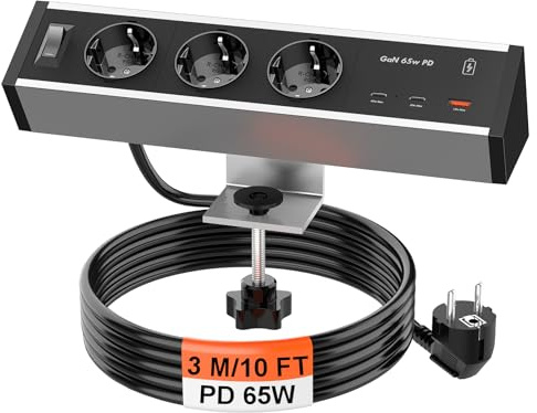Aluminium 3-vägs bordsuttag med 2 USB C GaN PD 65 W och 3 m kabel, grenuttag skrivbord med strömbrytare, bord flera uttag klämbar för hem kontor, silver svart