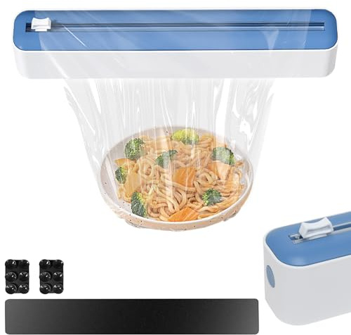 KIPTVO Cling Film Dispenser and Cutter, 2 in 1 Cling Wrap Cutter, with Cling Film, Tin Foil Wall Mounted Refillable Wrap Dispensers, for Home, Kitchen, Restaurant and Cling Film Ddispenser