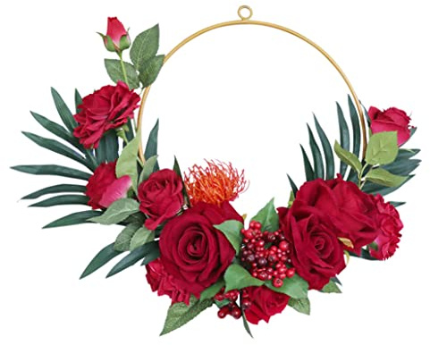 16 Artificial Rose Wreath, Artificial Flowers Wreath with Leaves Front Door Floral Hoop for Home Front Door Bedroom Flower Wall FaDecoration (Red), Swags Hangers