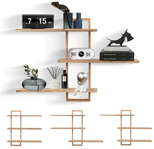 MITREL ÉTagèRe Murale Flottante à 3 Niveaux - Cadre en ChêNe - ÉTagèRe De Rangement CarréE Rustique pour Salon, Chambre à Coucher - Bois Naturel