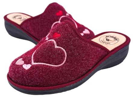 JOMIX Chaussons Femme Hiver Confortables Pantoufles à Talon Compensé en Feutre avec Cœurs Brodés Chauds Doux Maison Antidérapants Fabriqués en Italie