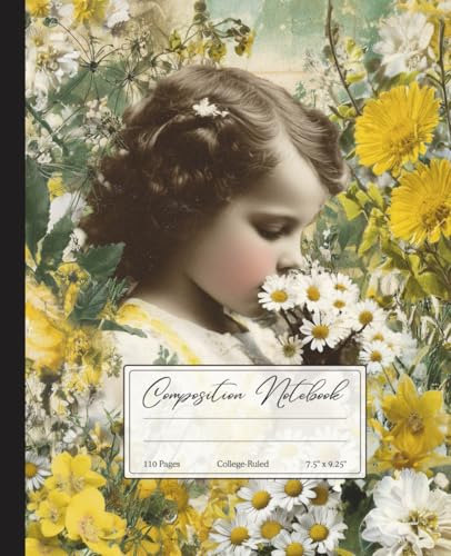 Vintage Daisy Composition Notebook – College Ruled – 7.5 x 9.25 – 110 Lined Pages: Fairycore Ephemera Collage with Retro Girl and Wildflowers – Matte Softcover