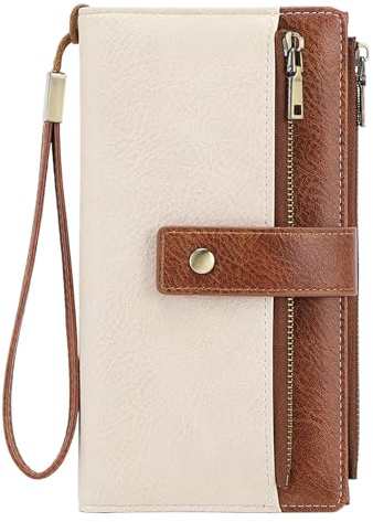 NEWIROVE Portemonnaie Damen Gross, Geldbeutel Damen RFID Schutz Geldbörse Pu Leder Vintage Wallet for Women Groß Viele Fächer Mit 24 Kartenfächer Und 2 ID Fenster，Braun und Weiß