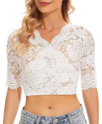 Women German Dirndl Blouse Bavarian Oktoberfest Costume Beer Festival Short Sleeve Dirndl Shirts V-Neck Lace Crop Tops White
