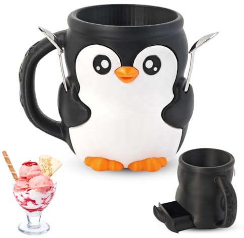 Penguin Ice Cream Pint Holder, Ice Cream Cup Holder with Anti-Freeze Handle & 2 Spoons, Icecream Stand Tub with Secret Drawer, Suitable for Frozen Desserts Yogurt Bowls